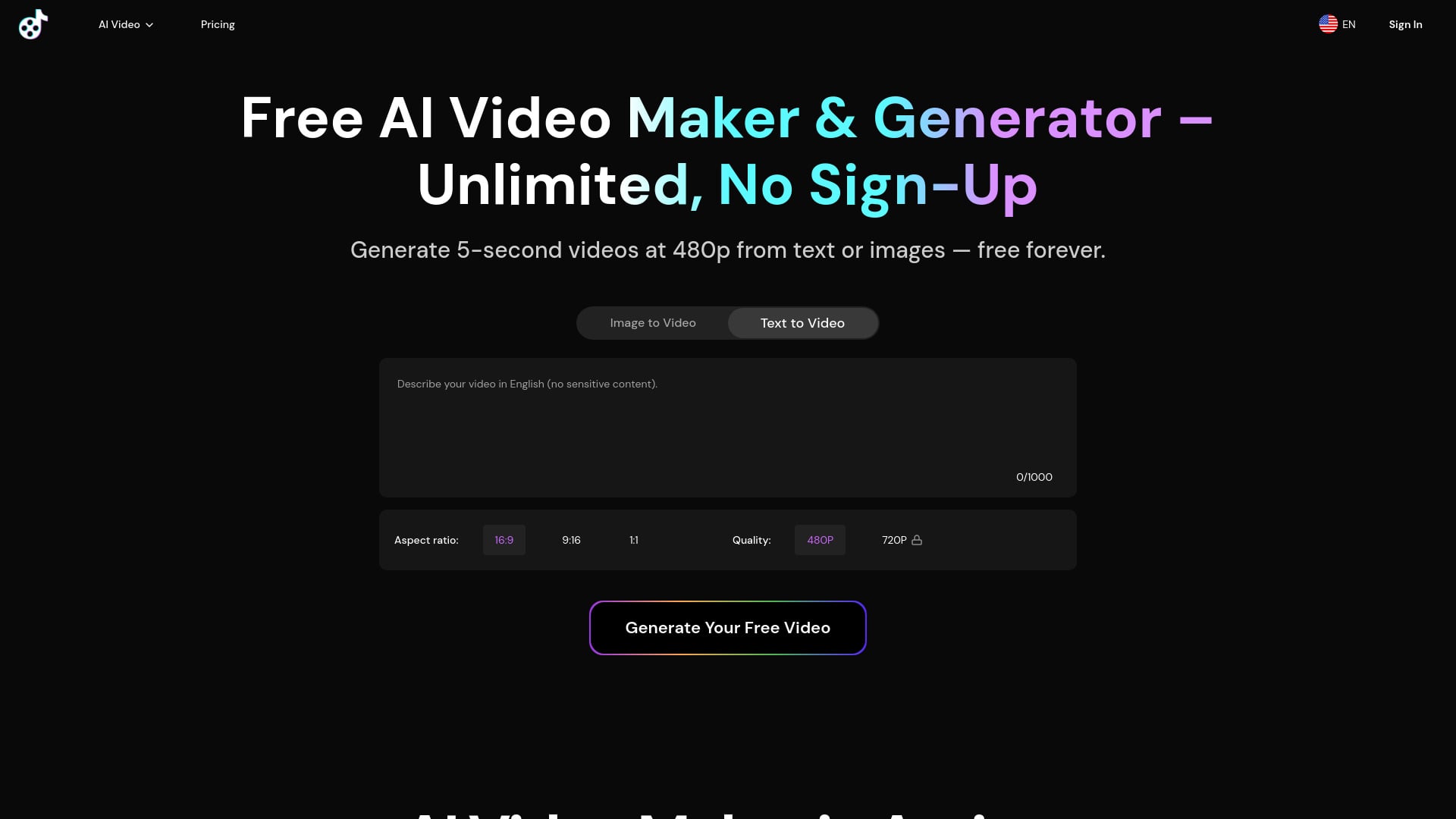 Free AI Video Maker & Generator - AI Tool Screenshot and Interface Preview